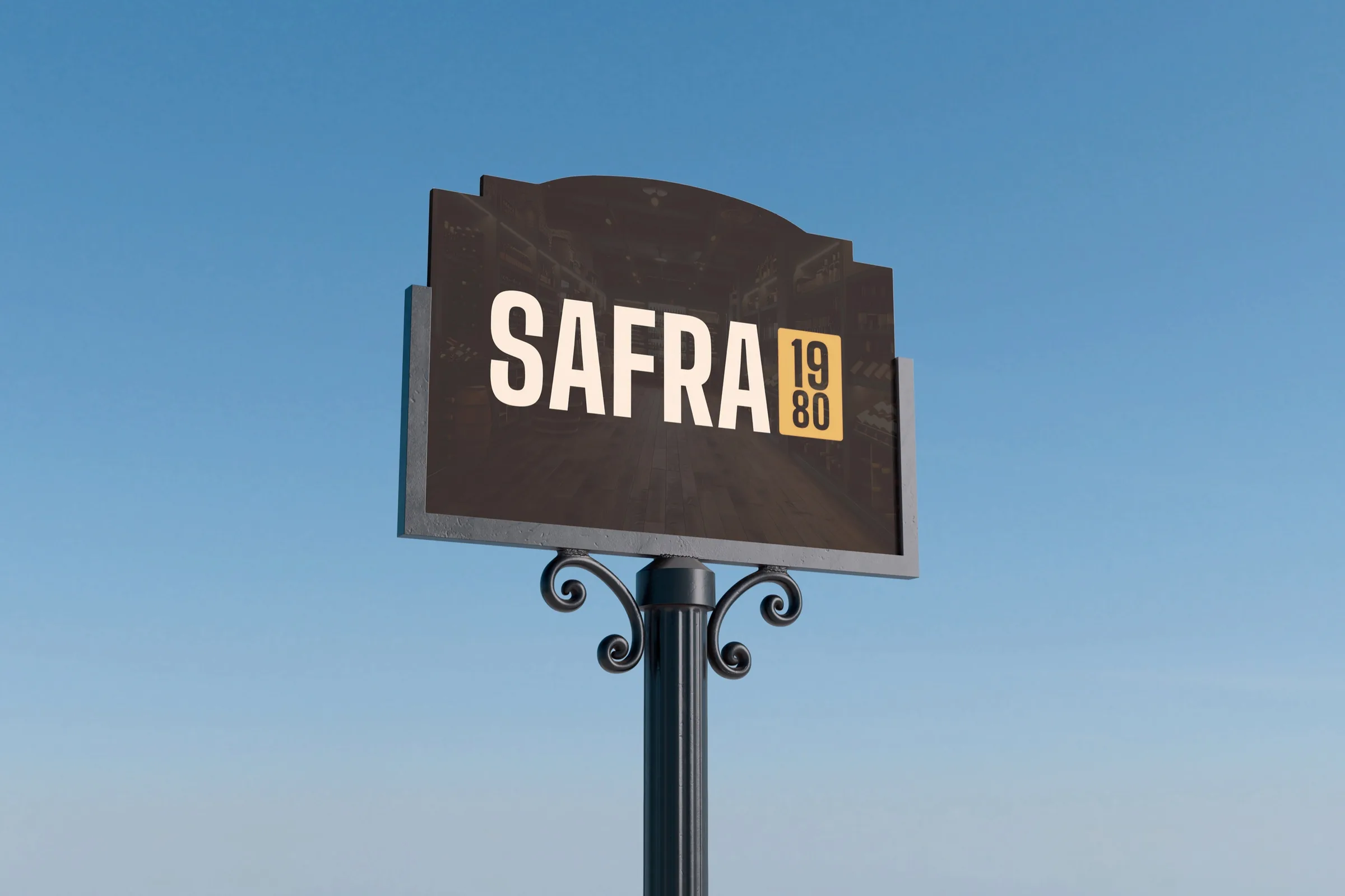 A placa da Safra 1980 num poste, contra o céu